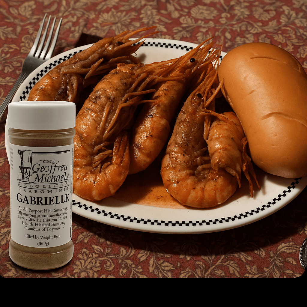 Shrimp with seasoning and bread on plate.