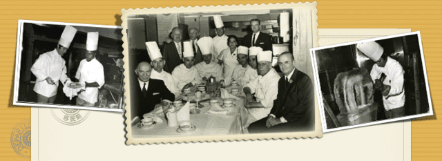 Chefs and diners in vintage restaurant setting.