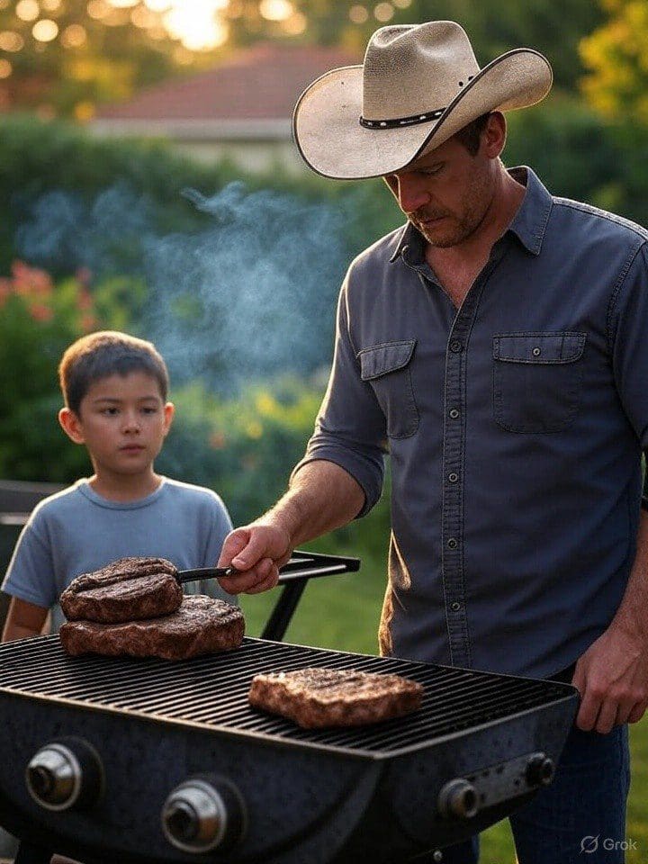 Man barbecuing steaks with young boy watching.