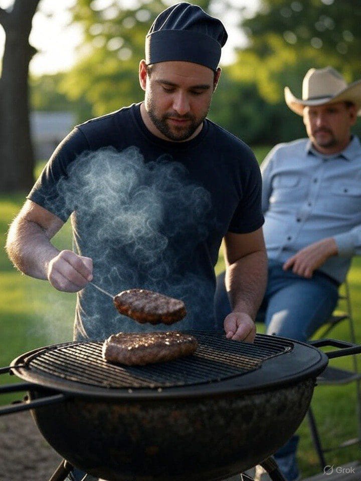 Man grilling burgers outdoors, another seated nearby.