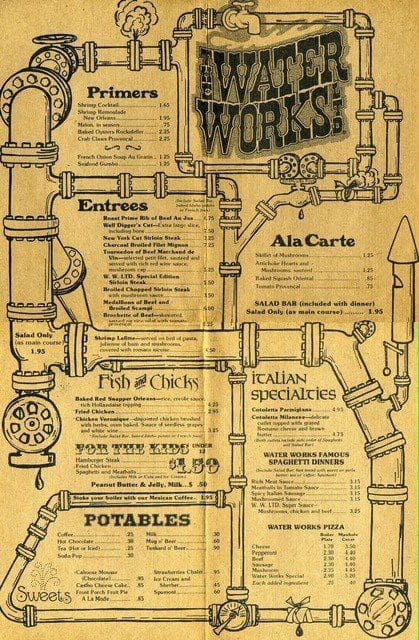 Vintage menu with pipe-themed design and text.
