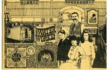 Vintage family illustration at waterworks facility.